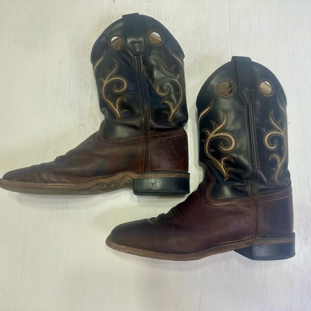 Old West Kids Cowboy Boots Brown Leather Square Toe Western Youth Size 3D